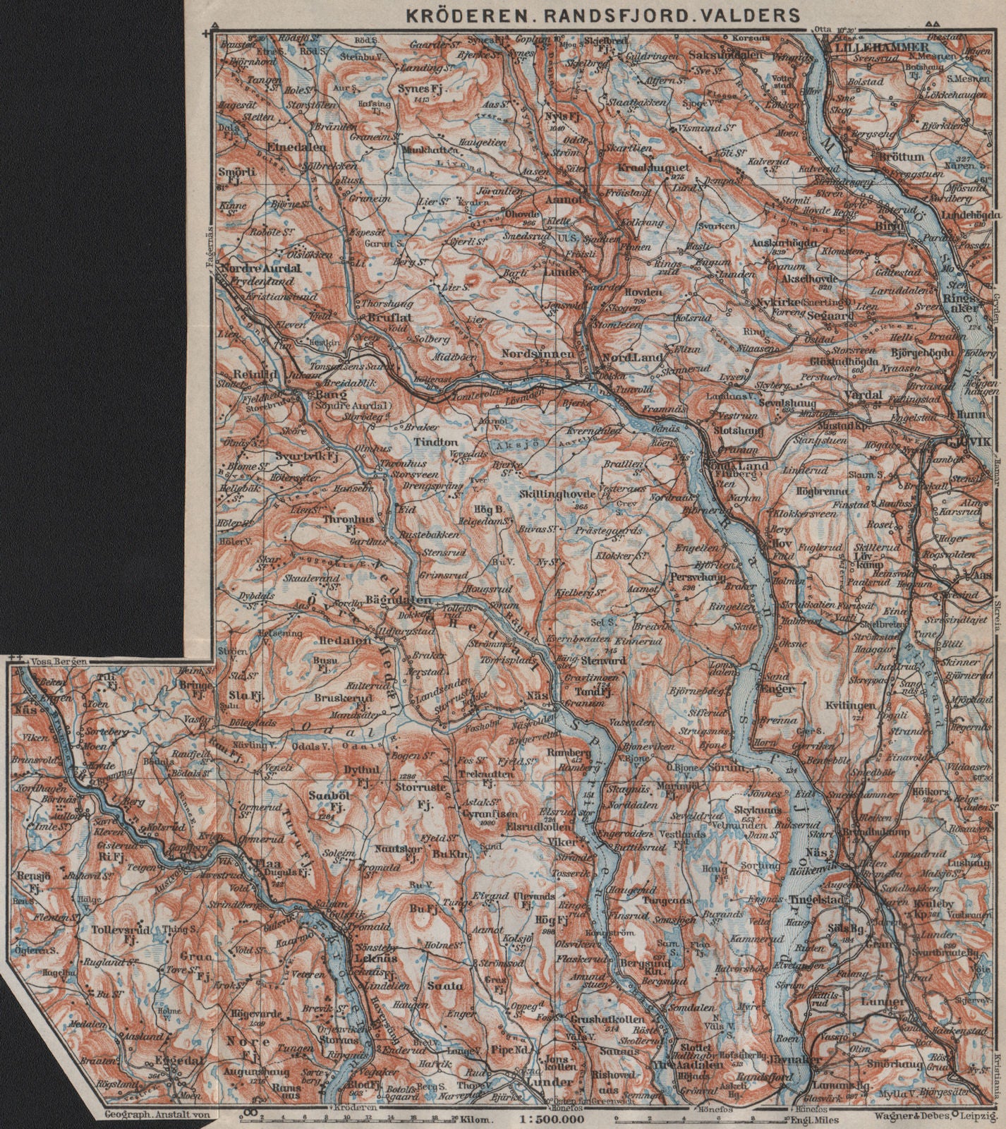 Kroderen, Randsfjord & Valdres. Dokka Gjovik Jaren. Topo-map. Norway 1912